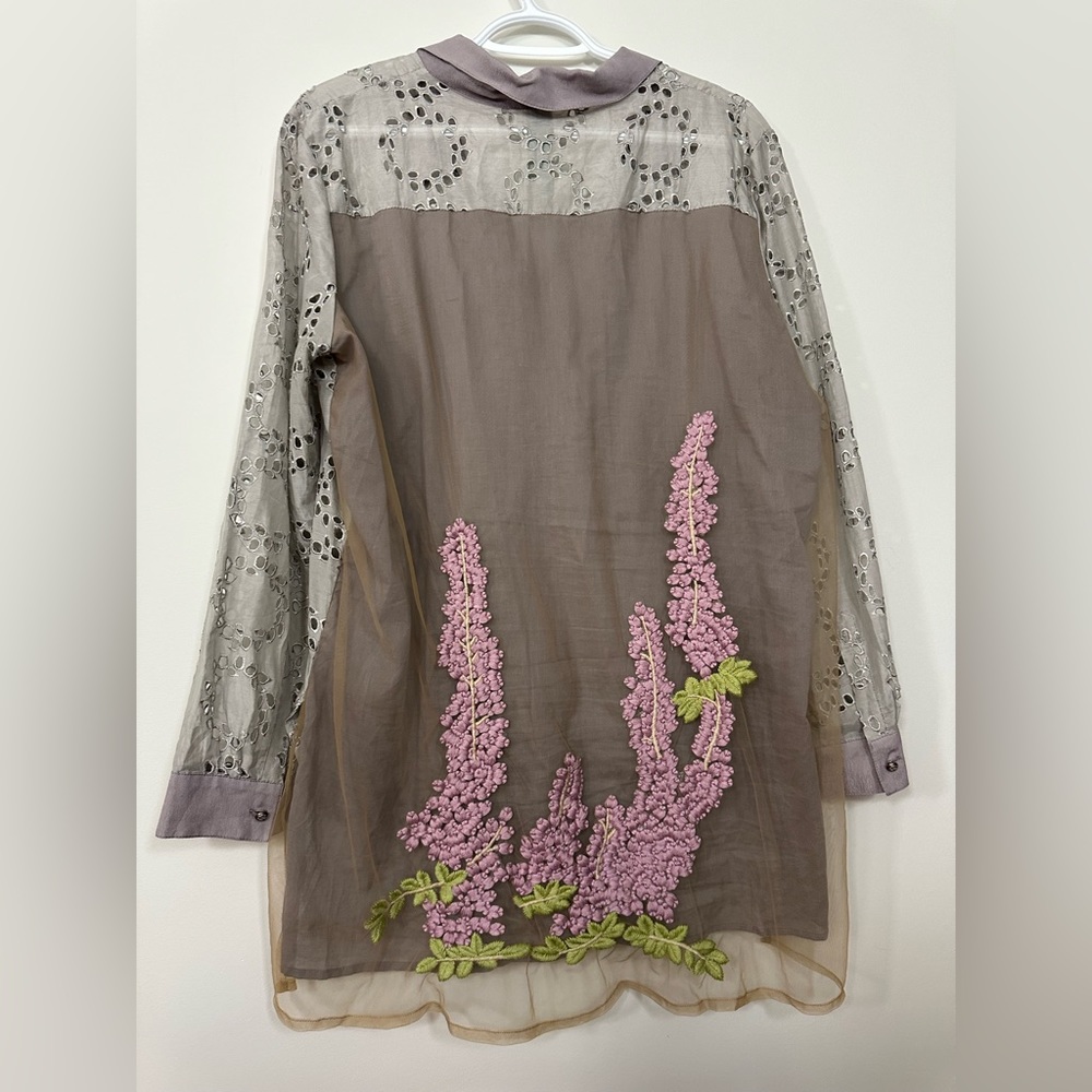 Aratta silent journey silk sheer embroidered collared tunic top